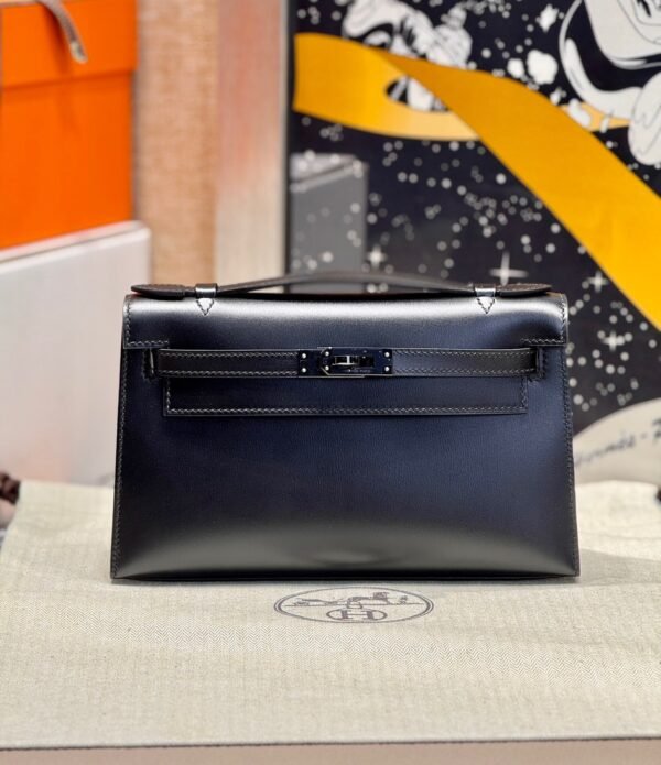Kelly Pochette Hermes Clutch Bag CK89 Noir Swift Leather Black Hardware