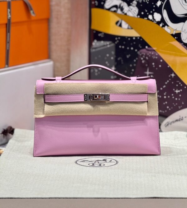 Hermes Kelly Pochette 22CM X9 Mauve Sylvester Swift Leather Rose Gold Hardware