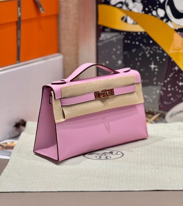 Hermes Kelly Pochette 22CM X9 Mauve Sylvester Swift Leather Rose Gold Hardware