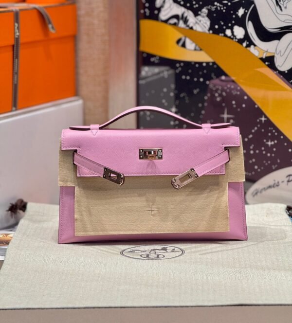 Hermes Kelly Pochette 22CM X9 Mauve Sylvester Swift Leather Rose Gold Hardware
