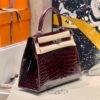 Hermes Kelly 25CM Shiny Crocodile F5 Bourgogne Silver Hardware Full Handmade Hermes Kelly 25CM Shiny Crocodile F5 Bourgogne Silver Hardware Full Handmade