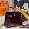 Hermes Kelly 25CM Shiny Crocodile F5 Bourgogne Silver Hardware Full Handmade Hermes Kelly 25CM Shiny Crocodile F5 Bourgogne Silver Hardware Full Handmade