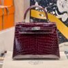 Hermes Kelly 25CM Shiny Crocodile F5 Bourgogne Silver Hardware Full Handmade Hermes Kelly 25CM Shiny Crocodile F5 Bourgogne Silver Hardware Full Handmade