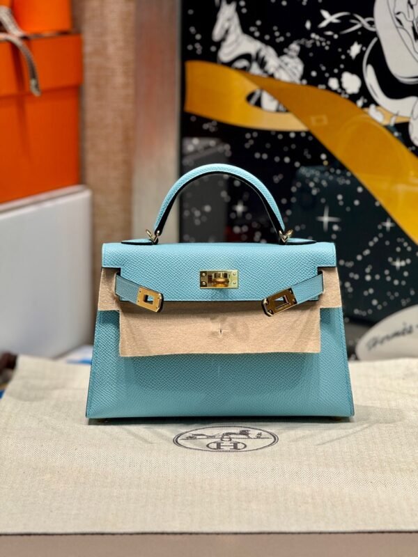 Mini Kelly ll 3P Bleu Atoll Epsom Leather Gold Hardware Perfect Quality