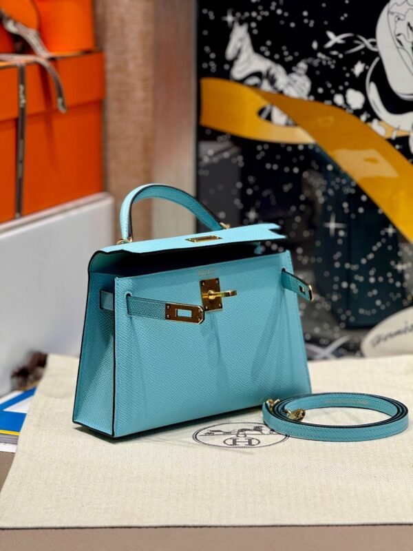 Mini Kelly ll 3P Bleu Atoll Epsom Leather Gold Hardware Perfect Quality