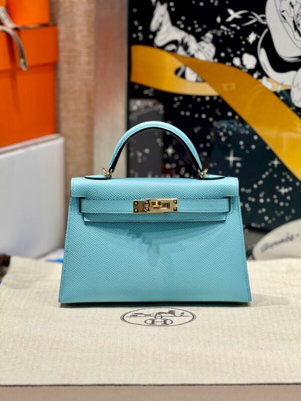 Mini Kelly ll 3P Bleu Atoll Epsom Leather Gold Hardware Perfect Quality