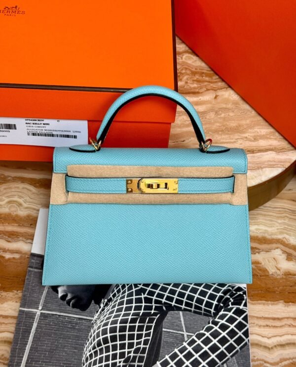 Mini Kelly ll 3P Bleu Atoll Epsom Leather Gold Hardware Perfect Quality
