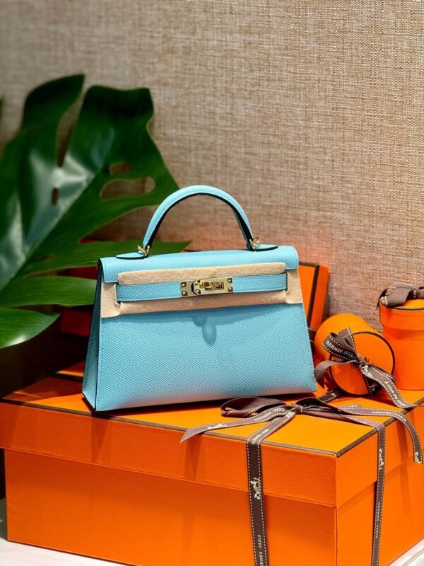 Mini Kelly ll 3P Bleu Atoll Epsom Leather Gold Hardware Perfect Quality