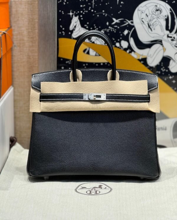 Birkin 25CM Special Order So Pearl grey / Black Brushed Silver Chever Leather Perfect Quality