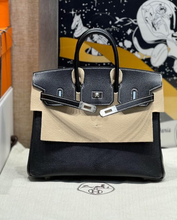 Birkin 25CM Special Order So Pearl grey / Black Brushed Silver Chever Leather Perfect Quality