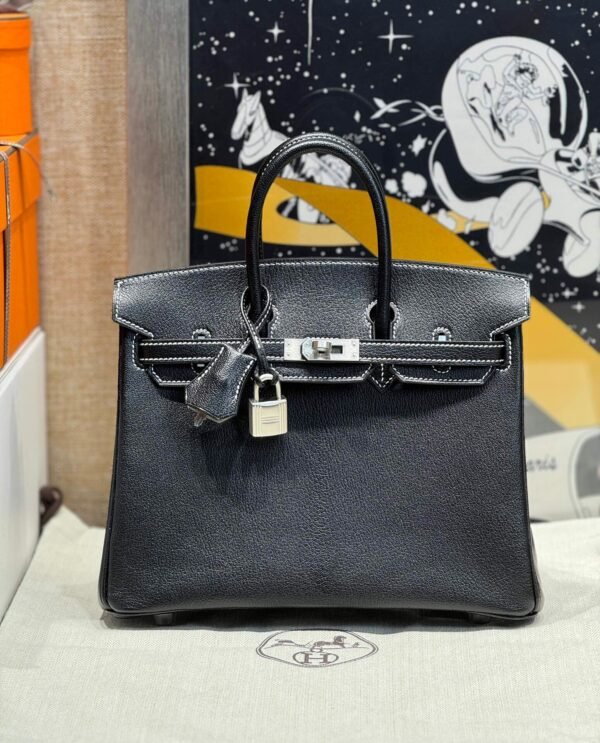 Birkin 25CM Special Order So Pearl grey / Black Brushed Silver Chever Leather Perfect Quality
