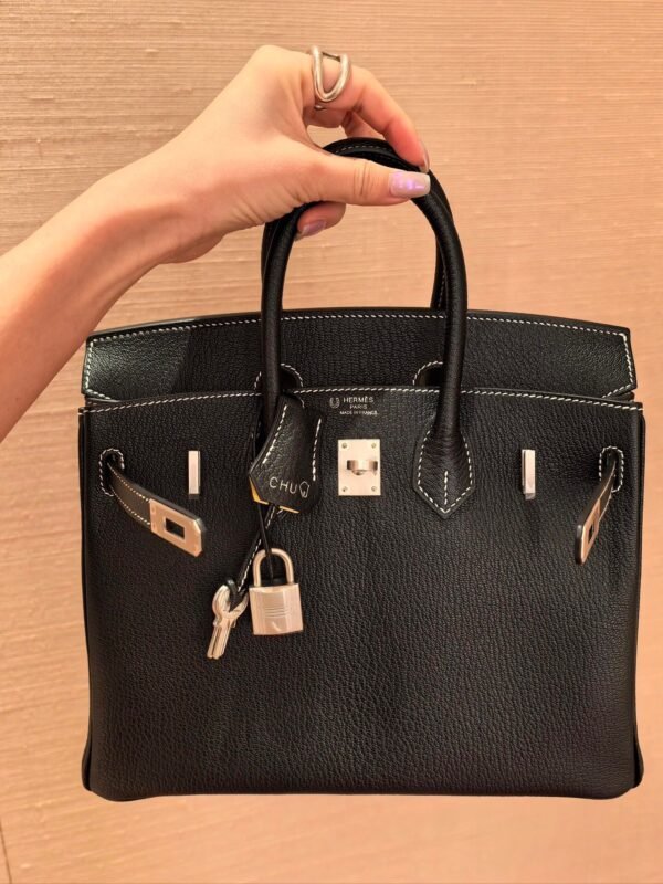 Birkin 25CM Chever Leather So Black / Lime Silver Hardware French Handmade Perfect Quality