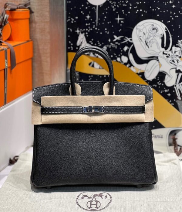 Birkin 25CM Chever Leather So Black / Lime Silver Hardware French Handmade Perfect Quality
