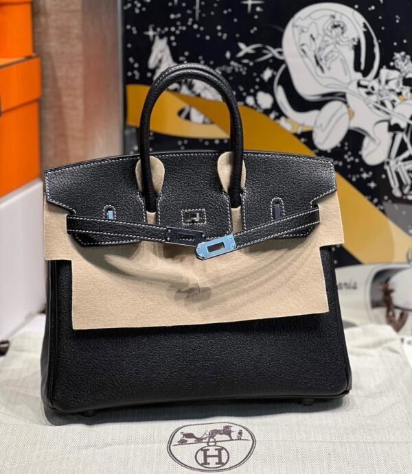 Birkin 25CM Chever Leather So Black / Lime Silver Hardware French Handmade Perfect Quality