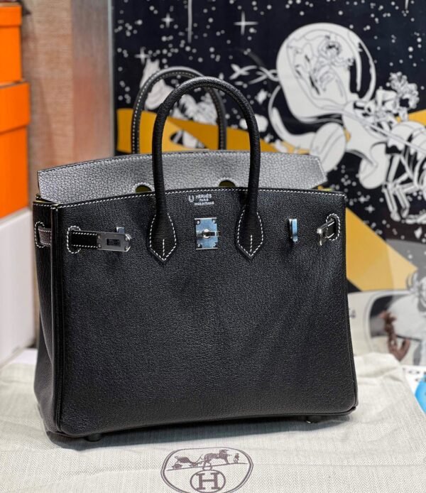 Birkin 25CM Chever Leather So Black / Lime Silver Hardware French Handmade Perfect Quality