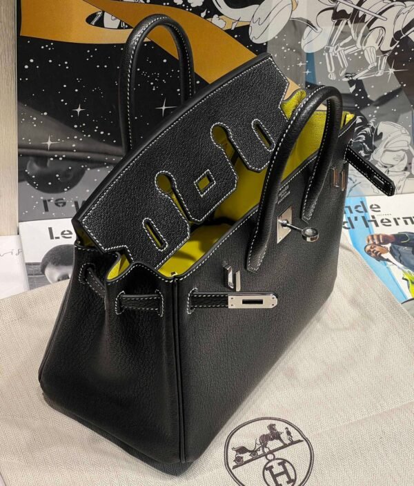 Birkin 25CM Chever Leather So Black / Lime Silver Hardware French Handmade Perfect Quality
