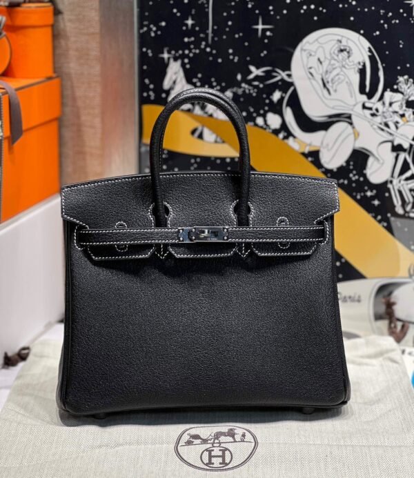 Birkin 25CM Chever Leather So Black / Lime Silver Hardware French Handmade Perfect Quality