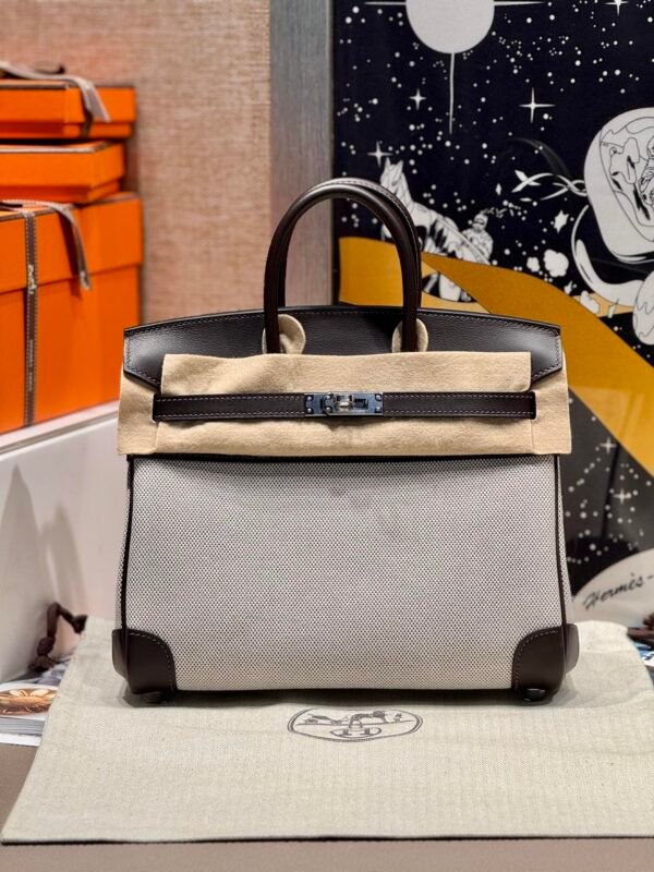 Sac Birkin 25CM Toile CK46 Ebene Swift Leather : Canvas Silver Hardware French Handmade Perfect Quality 02 Sac Birkin 25CM Toile CK46 Ebene Swift Leather / Canvas Silver Hardware French Handmade Perfect Quality