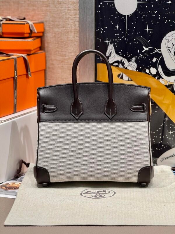 Sac Birkin 25CM Toile CK46 Ebene Swift Leather : Canvas Silver Hardware French Handmade Perfect Quality 03 Sac Birkin 25CM Toile CK46 Ebene Swift Leather / Canvas Silver Hardware French Handmade Perfect Quality