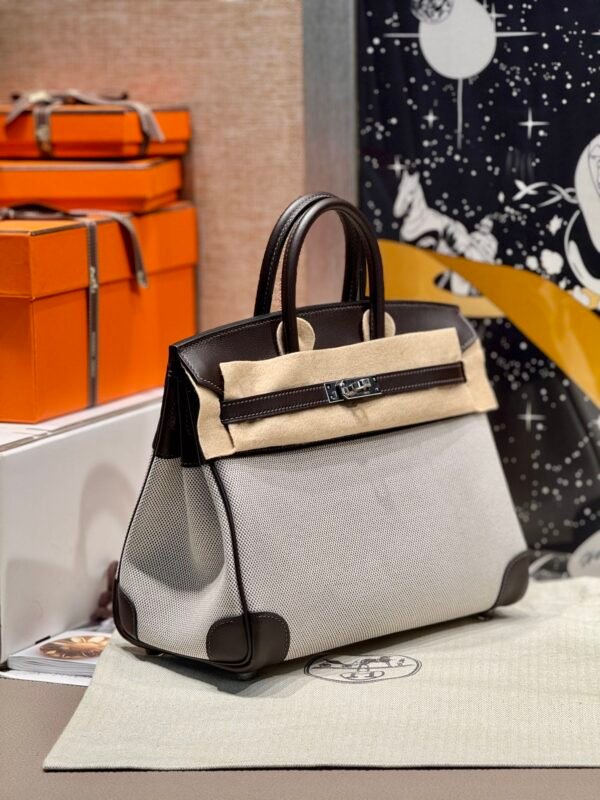 Sac Birkin 25CM Toile CK46 Ebene Swift Leather : Canvas Silver Hardware French Handmade Perfect Quality 04 Sac Birkin 25CM Toile CK46 Ebene Swift Leather / Canvas Silver Hardware French Handmade Perfect Quality