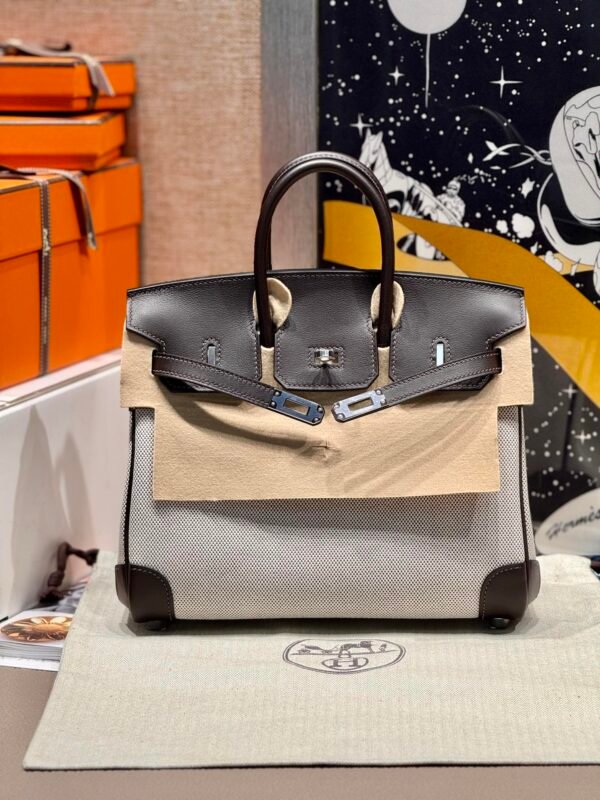 Sac Birkin 25CM Toile CK46 Ebene Swift Leather : Canvas Silver Hardware French Handmade Perfect Quality 05 Sac Birkin 25CM Toile CK46 Ebene Swift Leather / Canvas Silver Hardware French Handmade Perfect Quality