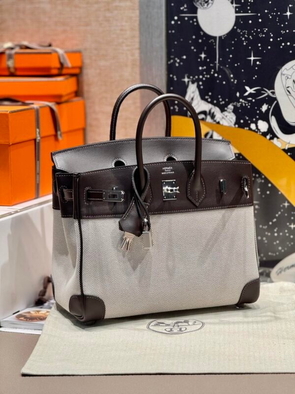 Sac Birkin 25CM Toile CK46 Ebene Swift Leather : Canvas Silver Hardware French Handmade Perfect Quality 06 Sac Birkin 25CM Toile CK46 Ebene Swift Leather / Canvas Silver Hardware French Handmade Perfect Quality