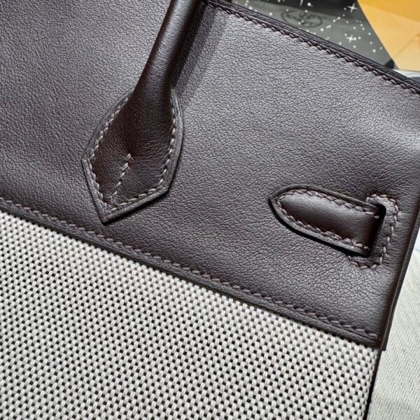 Sac Birkin 25CM Toile CK46 Ebene Swift Leather : Canvas Silver Hardware French Handmade Perfect Quality 08 Sac Birkin 25CM Toile CK46 Ebene Swift Leather / Canvas Silver Hardware French Handmade Perfect Quality