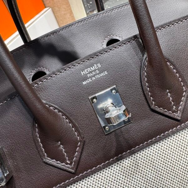 Sac Birkin 25CM Toile CK46 Ebene Swift Leather : Canvas Silver Hardware French Handmade Perfect Quality 09 Sac Birkin 25CM Toile CK46 Ebene Swift Leather / Canvas Silver Hardware French Handmade Perfect Quality