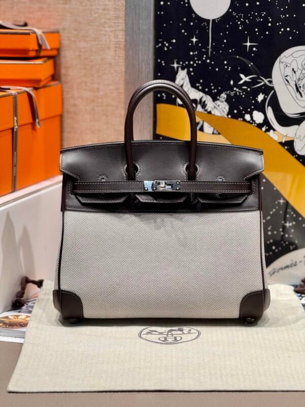 Sac Birkin 25CM Toile CK46 Ebene Swift Leather : Canvas Silver Hardware French Handmade Perfect Quality 10 Sac Birkin 25CM Toile CK46 Ebene Swift Leather / Canvas Silver Hardware French Handmade Perfect Quality