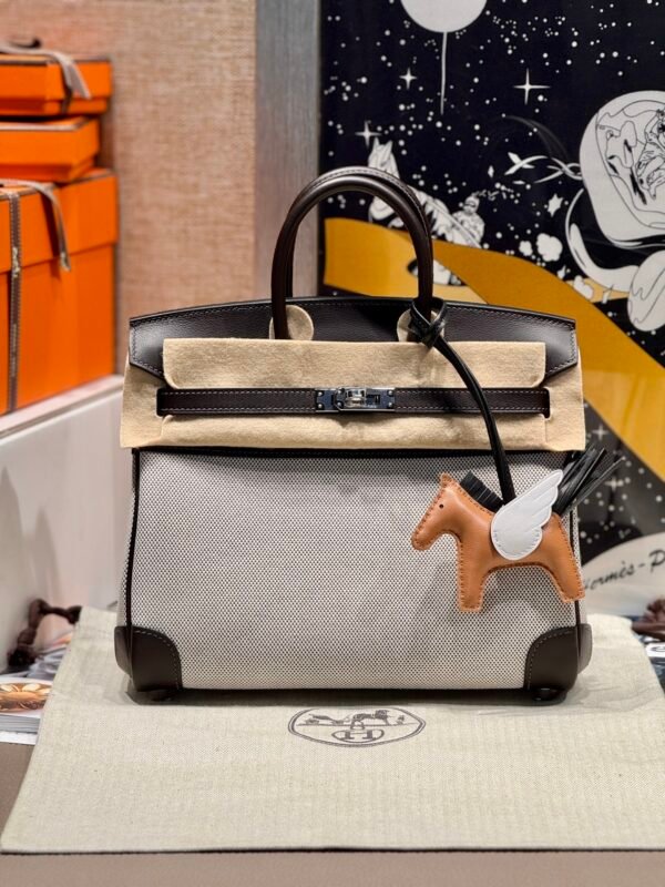 Sac Birkin 25CM Toile CK46 Ebene Swift Leather : Canvas Silver Hardware French Handmade Perfect Quality Sac Birkin 25CM Toile CK46 Ebene Swift Leather / Canvas Silver Hardware French Handmade Perfect Quality